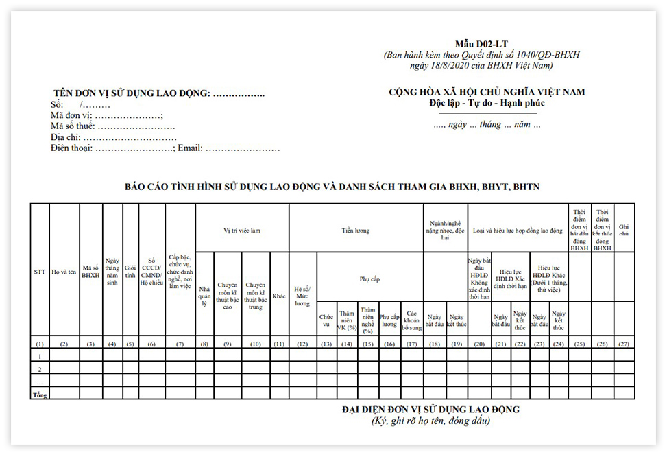 Tải mẫu D02-LT định dạng excel, báo cáo tình hình lao động tham gia BHXH